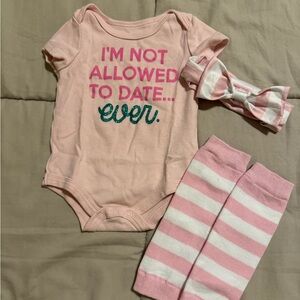 Baby starters I’m not allowed to date ever onesie, bow, and leg warmer bundle